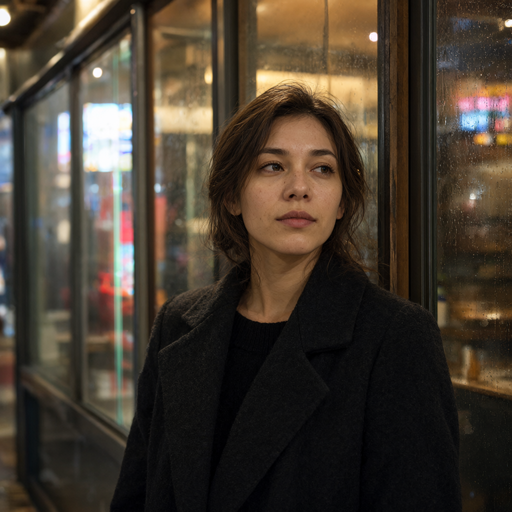 Original Tokyo café portrait used as the reference for the identity preservation + relighting test.