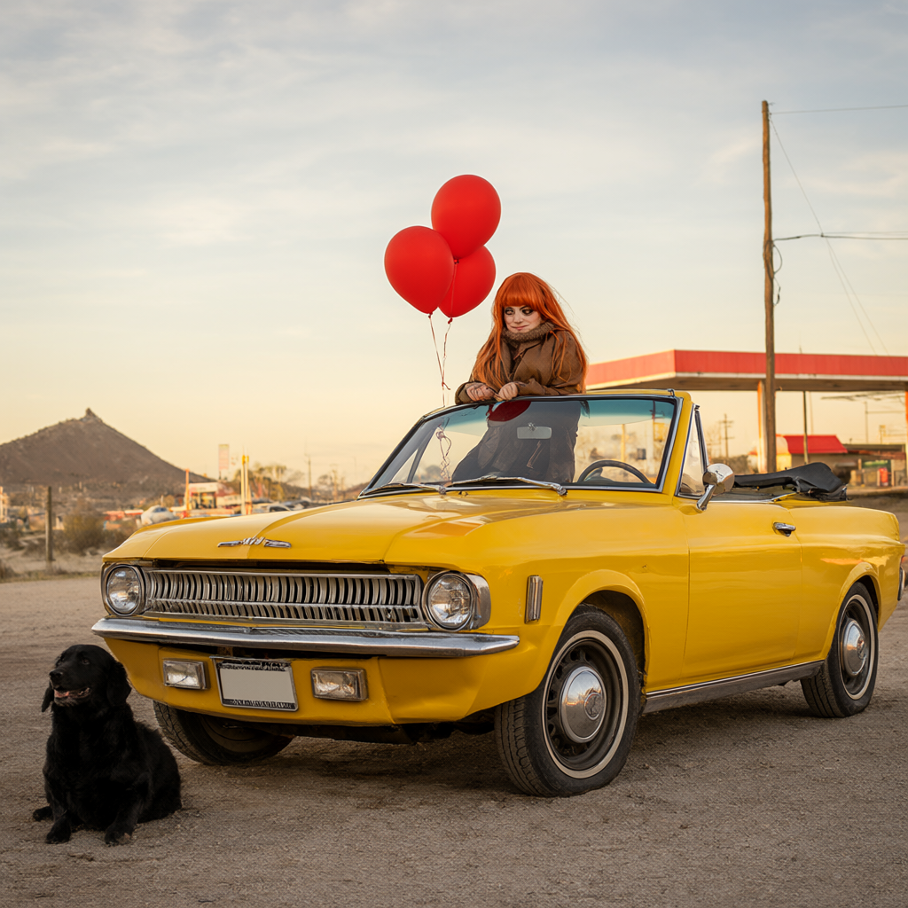 Original yellow convertible and dog scene used as the reference for the object relocation / spatial reasoning test.