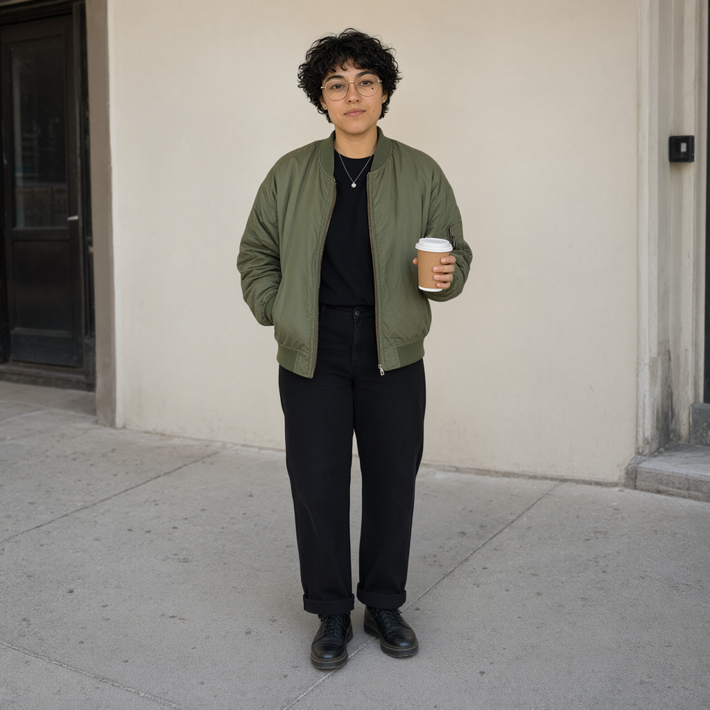Qwen Image 2.1 edited result for the character consistency under major pose/camera change test using the woman in a green bomber jacket.