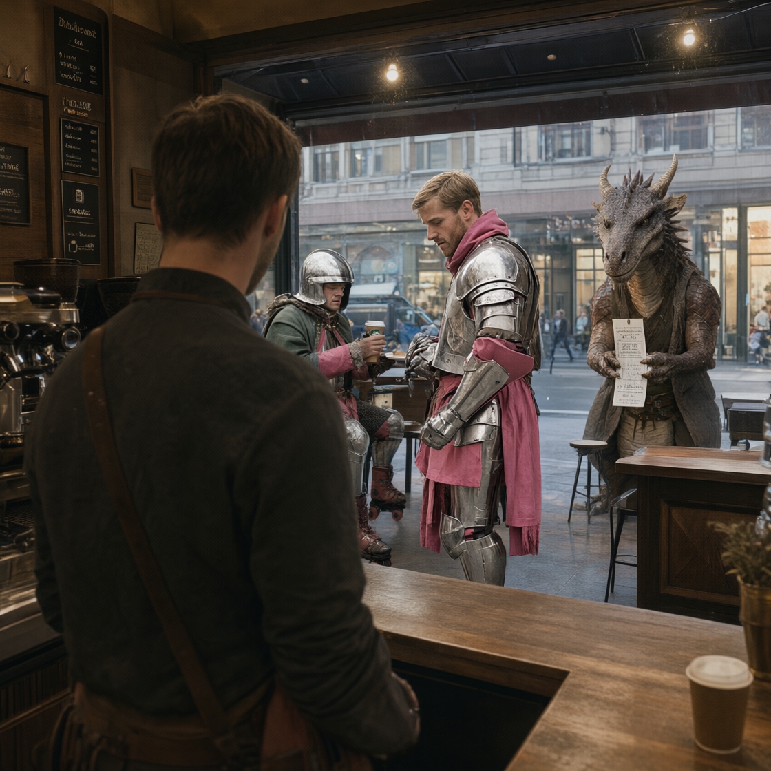 Qwen Image 2.1 edited result for the novel viewpoint / scene reconstruction test using the knight and dragon café scene.